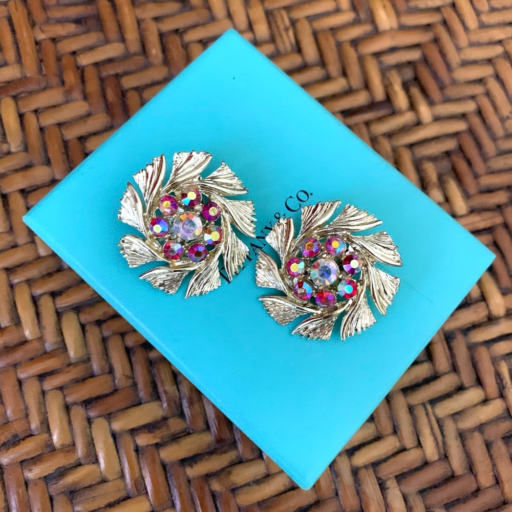 Vintage iridescent Pinwheel Goldtone Earrings